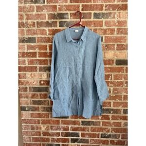 Poetry Blue 100% Linen Longline Button Down Shirt Tunic Coastal Boho L-XL